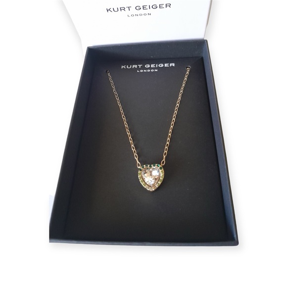 Kurt Geiger Gold Crystal Heart Pendant Necklace and Green Accents - Picture 5 of 7